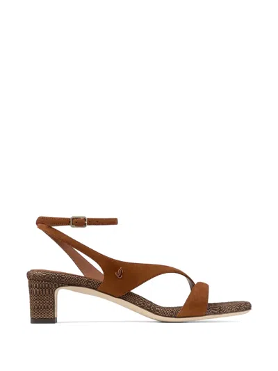 Jimmy Choo 45mm Faye Suede And Raffia Asymmetric Ankle-strap Sandals In Brown