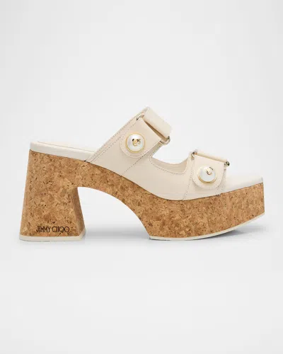 Jimmy Choo Fayence Leather Pearly Dual-strap Platform Sandals In White