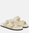 Jimmy Choo Fayence Metallic Pearly-button Slide Sandals In Champagne/latte