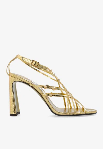 Jimmy Choo Felice 95 Metallic Leather Sandals In Gold