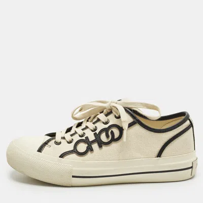Pre-owned Jimmy Choo Fenix Size 38 Cream Canvas Lace Up Sneakers In White