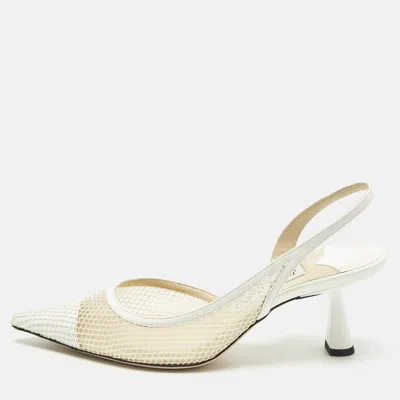 Pre-owned Jimmy Choo Fetto Size 37.5 White Mesh And Patent Leather D'orsay Pumps