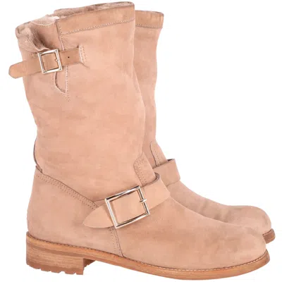 Jimmy Choo Flat Biker Boots In Nude Suede