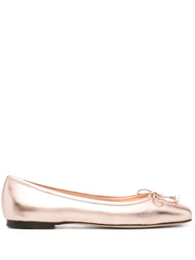 Jimmy Choo Powder Pink Metallic Leather Ballet Flats With Bow Detailing And Square Toe