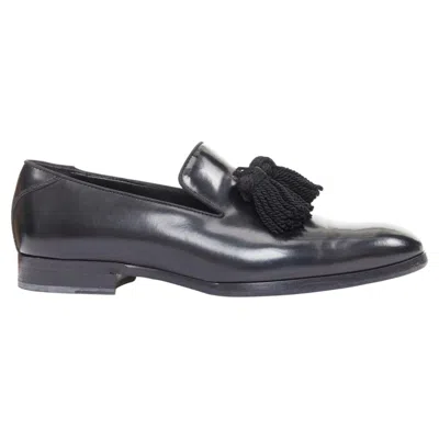 Pre-owned Jimmy Choo Foxley Shiny Calf Leather Rope Tassel Front Classic Loafershoes Eu43 In Black