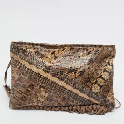 Pre-owned Jimmy Choo Fringe Tita Beige Snakeskin And Suede Clutch In Sand