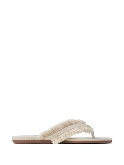 Jimmy Choo Bay Flat Almond Mix Frayed Flecked Canvas Flat Sandals Almond Mix 43 In White