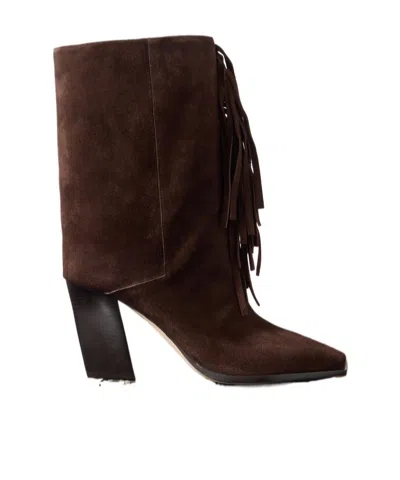 Jimmy Choo Hart 85 Fringed Suede Boots In Brown