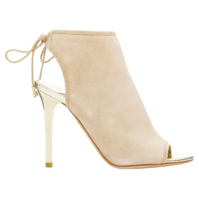 Pre-owned Jimmy Choo Froze Beige Suede Gold Heel Peep Toe Booties Eu35.5 In Brown