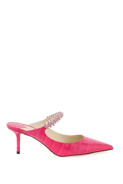 Jimmy Choo Fuchsia Croc-embossed Leather Flat For Women With Embedded Crystals And Covered Heel