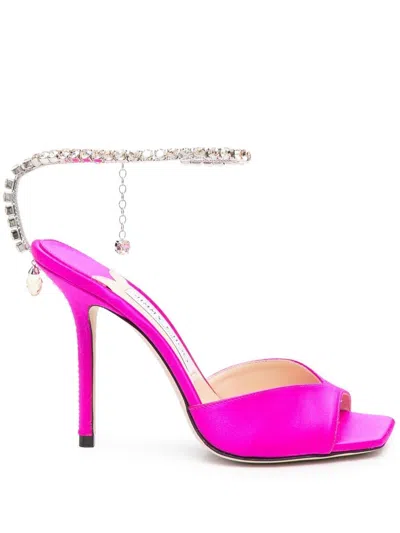 Jimmy Choo Fuchsia Pink Crystal Embellished Satin Sandals For Women