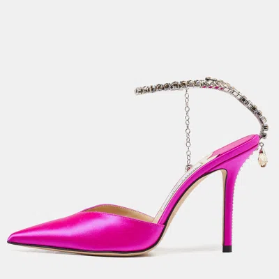 Pre-owned Jimmy Choo Fuchsia Satin Saeda Crystals Ankle Strap Pumps Size 38.5 In Pink