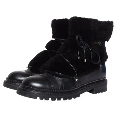 Pre-owned Jimmy Choo , Fur Embellished Leather Lace Up Boots In Black