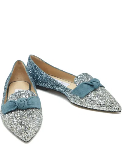 Pre-owned Jimmy Choo Gabie Glitter Bow-detail Ballet Flats In Silver