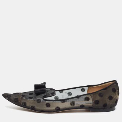 Pre-owned Jimmy Choo Gala Flocked Size 40 Black Fabric And Mesh Bow Ballet Flats