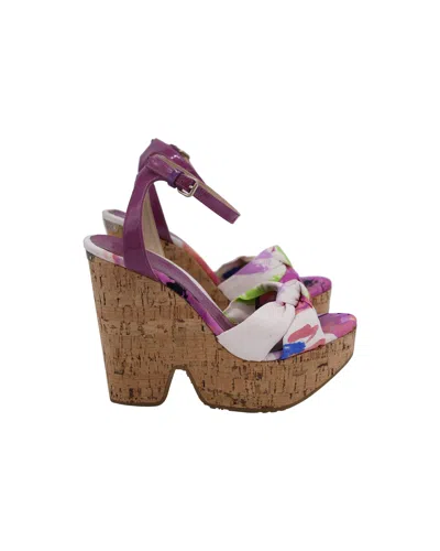 Jimmy Choo Gleam Printed Cork Wedge Sandals In Purple Canvas