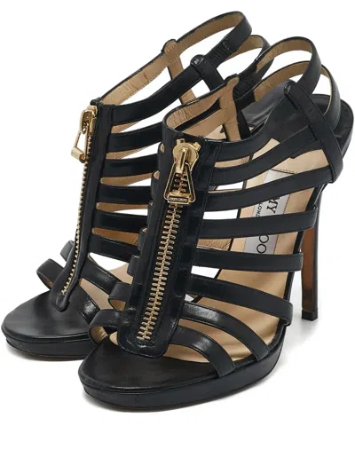 Pre-owned Jimmy Choo Glenys Front-zip Heeled Sandals In Black