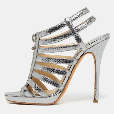 Pre-owned Jimmy Choo Glenys Size 38.5 Silver Snakeskin Embossed Leather Gladiator Sandals