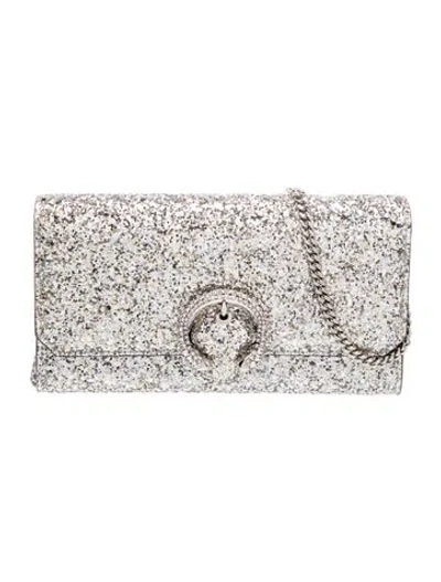 Pre-owned Jimmy Choo Glitter Madeline Wallet On Chain In Silver