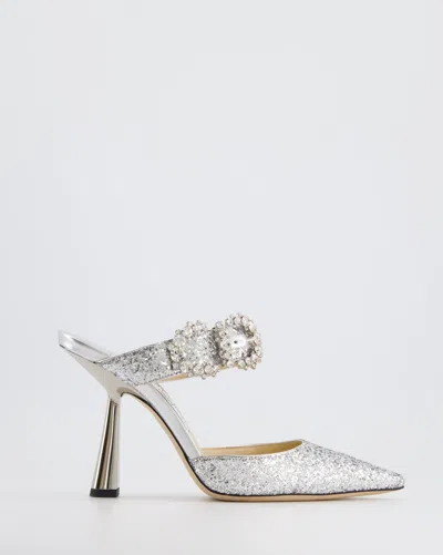 Jimmy Choo Glitter Marta Mule Heels 90 With Crystal Buckle Detail In Silver