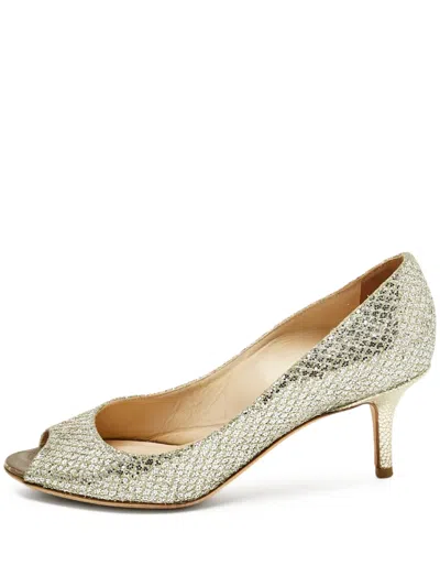 Pre-owned Jimmy Choo Glitter Peep-toe Pumps In Silver