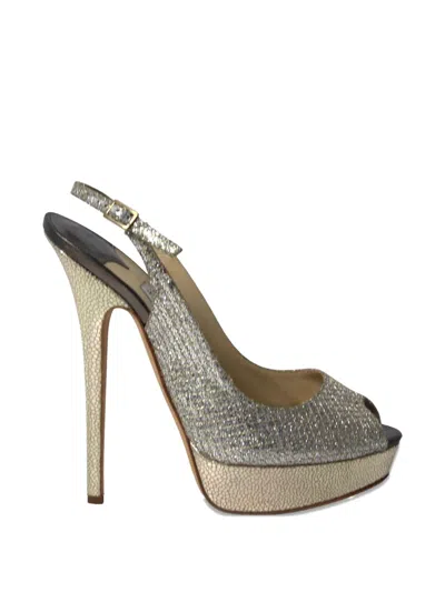 Pre-owned Jimmy Choo Glitter Platform Slingback Pumps In Silver