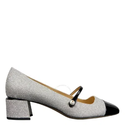 Jimmy Choo Glitter Square-toe Leather Shoe In Silver Tone/black