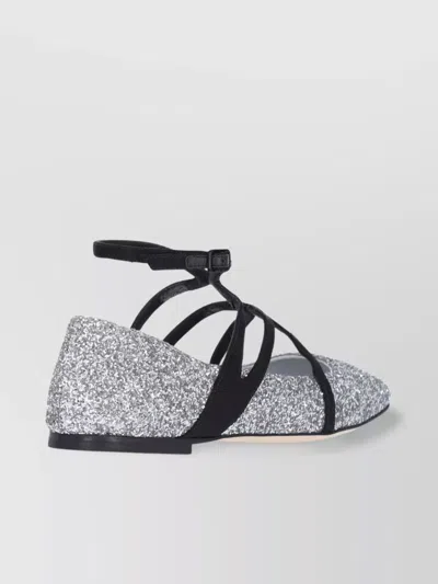Jimmy Choo Glitter Square Toe Strappy Ankle Strap Flats In Black