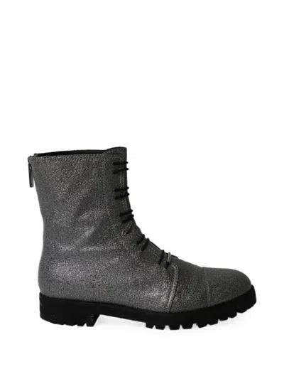 Pre-owned Jimmy Choo Glitter-detail Lace-up Combat Boots In Silver