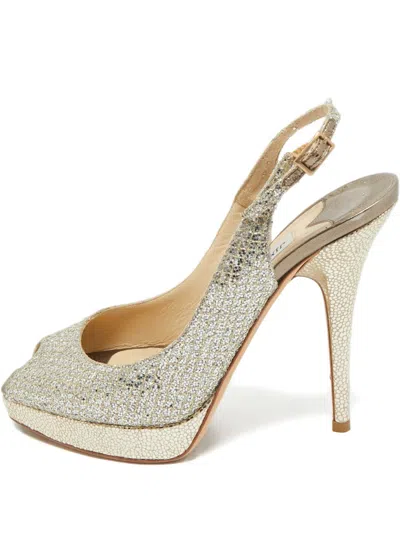 Pre-owned Jimmy Choo Glittered Peep-toe Pumps In Gold