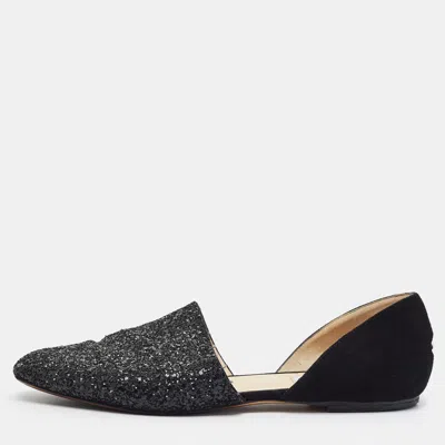 Pre-owned Jimmy Choo Globe Size 37.5 Black Glitter And Suede Ballet Flats