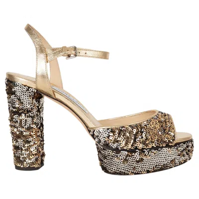 Pre-owned Jimmy Choo Gold 2018 Peachy 105 Sequin Platform Sandals Shoes 39