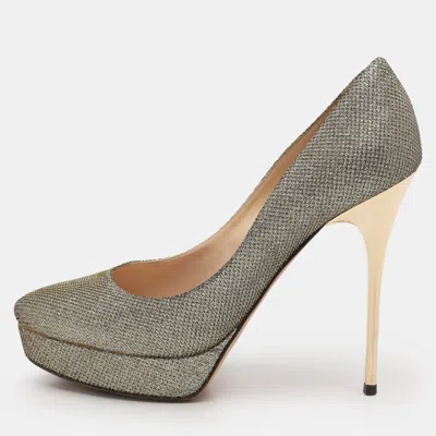 Jimmy Choo Gold Coarse Glitter Eros Platform Pumps In Gray
