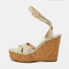 Jimmy Choo Gold Coated Fabric Cork Platform Wedge Sandals In Brown