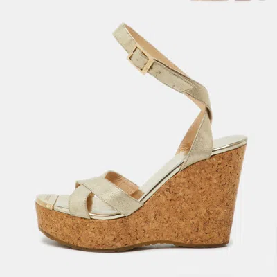 Jimmy Choo Gold Coated Fabric Cork Platform Wedge Sandals In Neutral