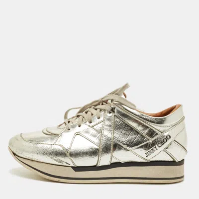 Pre-owned Jimmy Choo Gold Croc Embossed Leather Miami Lace Up Sneakers Size 37.5 In Sand