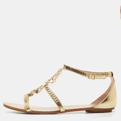 Pre-owned Jimmy Choo Gold Embossed Patent Leather Wyatt Flat Sandals Size 41