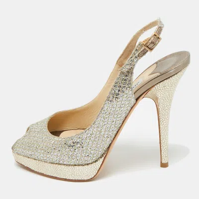 Jimmy Choo Gold Glitter Accents Peep Toe Slingback Pumps