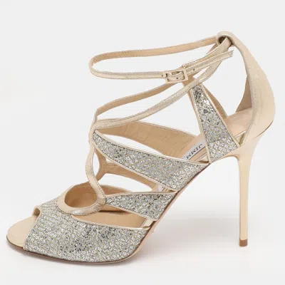 Pre-owned Jimmy Choo Gold Glitter And Lame Fabric Kelsey Strappy Sandals Size 39