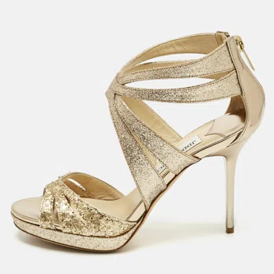 Pre-owned Jimmy Choo Gold Glitter And Leather Strappy Sandals Size 35.5