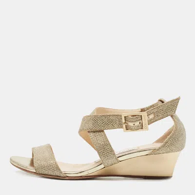Pre-owned Jimmy Choo Gold Glitter Crisscross Wedge Sandals Size 34