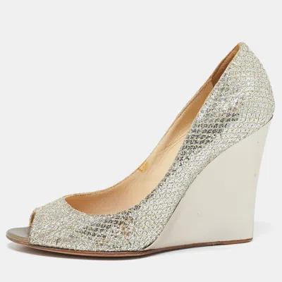 Pre-owned Jimmy Choo Gold Glitter Fabric Baxen Peep Toe Wedges Pumps Size 36.5
