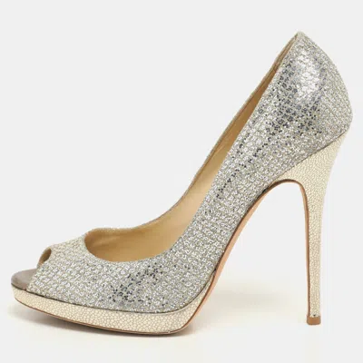 JIMMY CHOO GOLD GLITTER LUNA PEEP TOE PUMPS