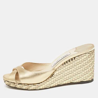 Pre-owned Jimmy Choo Gold Leather Almer Wedge Sandals Size 39.5