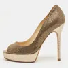 Jimmy Choo Gold Leather And Lurex Fabric Dahlia Platform Peep Toe Pumps In Gold