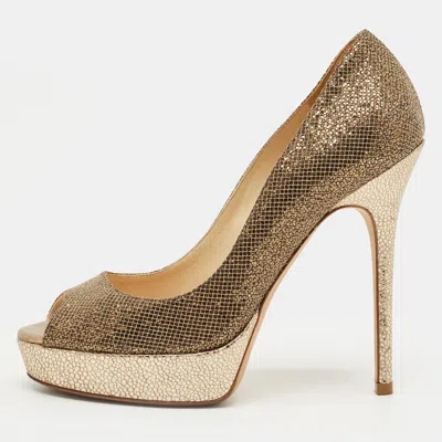 Pre-owned Jimmy Choo Gold Leather And Lurex Fabric Dahlia Platform Peep Toe Pumps Size 36.5