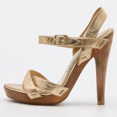 Pre-owned Jimmy Choo Gold Leather Criss Cross Ankle Strap Sandals Size 37