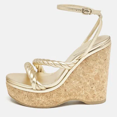 Pre-owned Jimmy Choo Gold Leather Diosa Wedge Sandals Size 38.5