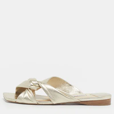 Pre-owned Jimmy Choo Gold Leather Knot Flat Slide Size 41