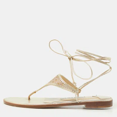 Pre-owned Jimmy Choo Gold Leather Narisa Lace Wrap Thong Flat Sandals Size 37